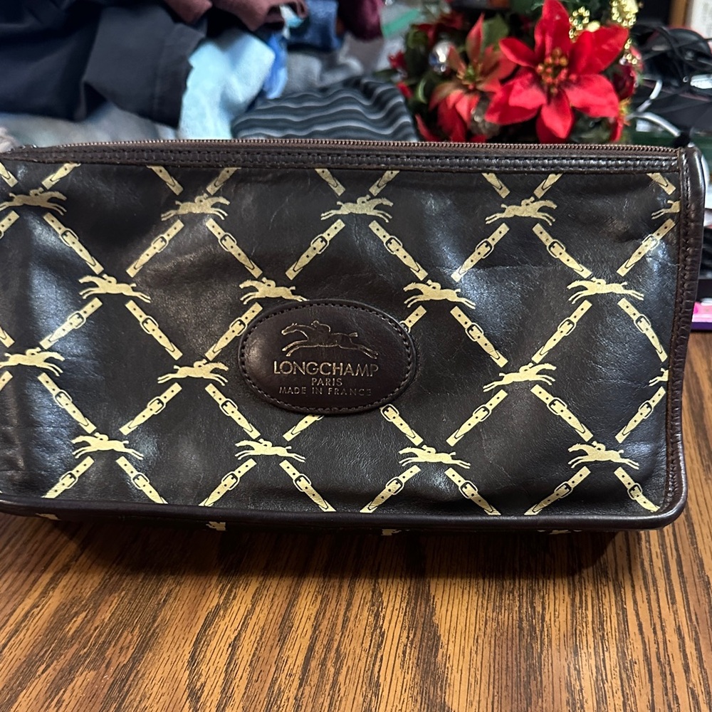 Longchamp Dark Brown Clutch with Gold Pattern